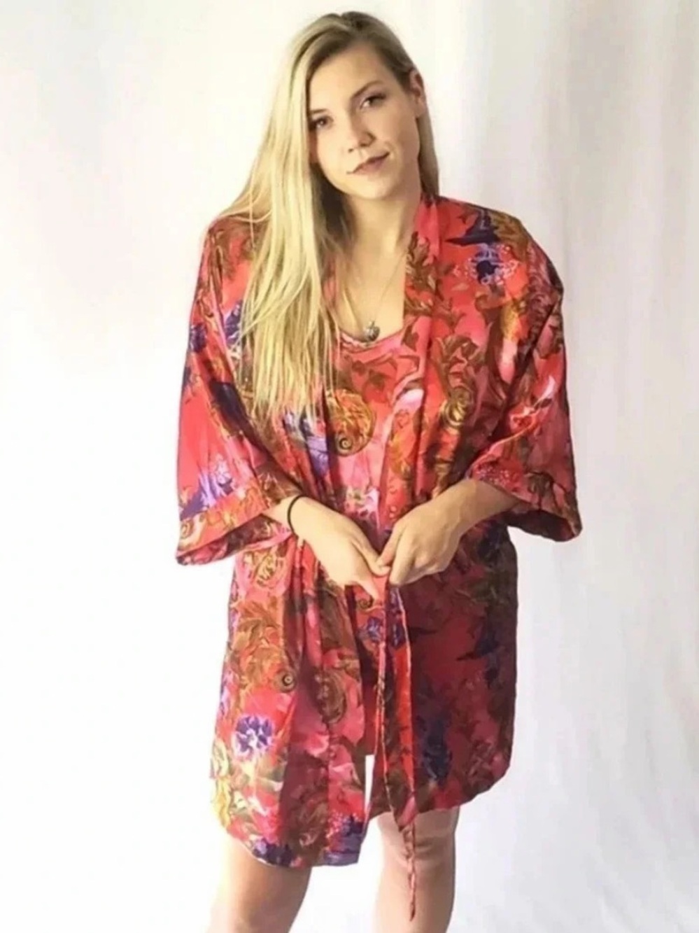 Vintage Silk Floral Short Robe and Nightie Set